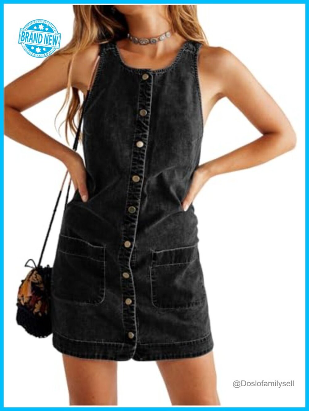 Womens Sleeveless Denim Dress Casual Western Jean Overalls Mini Square Neck